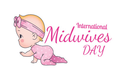 Animation-of-international-midwives-day-and-baby-in-pink-clothes-over-white-background