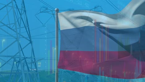 Animation-Der-Flagge-Russlands-über-Dem-Stadtbild-Und-Der-Datenverarbeitung