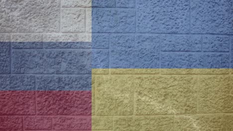 Animation-of-flags-of-ukraine-and-russia-on-brick-background