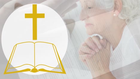 Animation-of-bible-icon-over-senior-caucasian-woman-praying