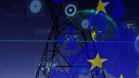 Animation-Der-Europa--Und-EU-Flagge-über-Die-Datenverarbeitung