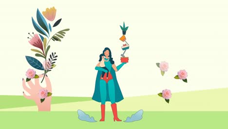 Animation-of-superhero-mother-with-daughter-icon-over-plants