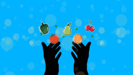 Animation-of-vegetables-and-fruit-icons-over-hands-and-spots