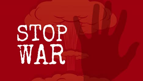 Animation-of-stop-war-text-and-hand-on-red-background