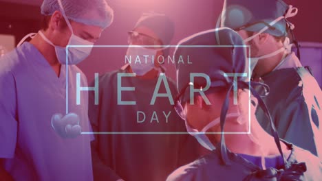Animation-of-national-heart-day-text-over-diverse-surgeons