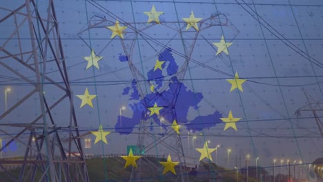 Animation-Der-Europa--Und-EU-Flagge-über-Dem-Stadtbild