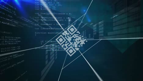 Animation-of-qr-codes-moving-in-digital-space-with-data-processing