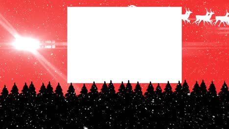 Animation-of-snow-falling-over-santa-claus-in-sleigh-with-reindeer-and-white-blank-copy-space-on-red