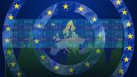 Animation-Von-Europa--Und-EU-Flaggenkreisen-über-Die-Datenverarbeitung
