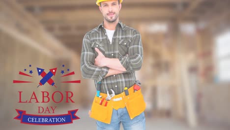Animation-of-labor-day-text-over-happy-caucasian-male-worker-with-tools