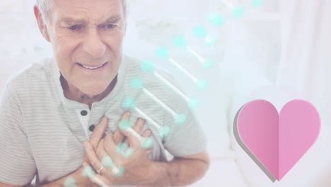 Animation-of-heart-icon,-dna-strand-spinning-over-senior-man-in-pain-holding-his-chest