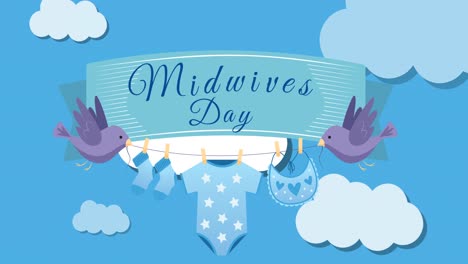 Animation-of-midwives-day-and-ribbon-with-baby-clothes-and-birds-over-blue-background-with-clouds