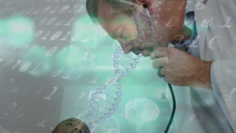 Animation-of-molecules-and-binary-code-over-caucasian-doctor-examining-african-american-patient