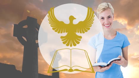 Animation-of-bible-icon-over-happy-caucasian-woman-reading-bible