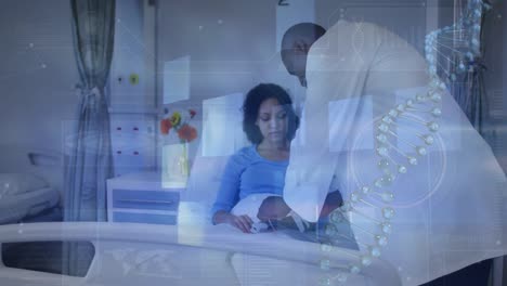Animation-of-dna-chain-over-diverse-male-doctor-and-female-patient-talking-in-hospital