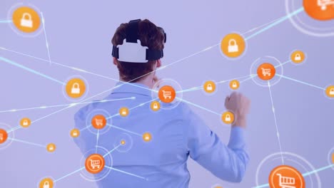 Animation-of-network-of-connections-with-icons-over-caucasian-businessman-using-vr-headset