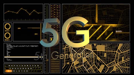 Animation-of-5g-text-and-data-processing-on-black-background