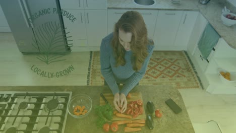 Animation-of-organic-produce-text-over-caucasian-woman-cutting-vegetables