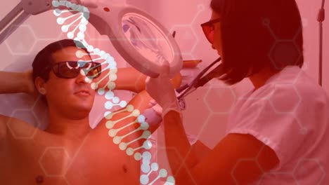 Animation-of-dna-and-formulas-over-diverse-male-patient-and-female-doctor-during-laser-treatment