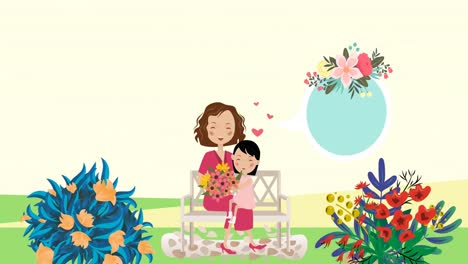 Animation-of-mother-with-daughter-icon-over-plants