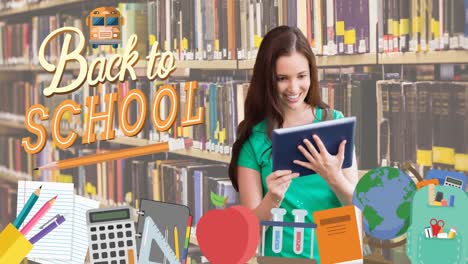 Animation-of-back-to-school-text-and-school-icons-over-caucasian-female-student-with-tablet