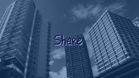Animation-of-share-text-with-arrows-over-modern-cityscape