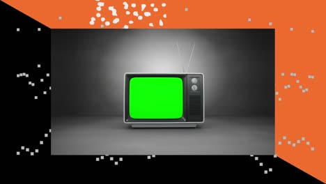 Animation-of-orange-and-black-frame-over-grey-space-with-vintage-tv-with-copy-space