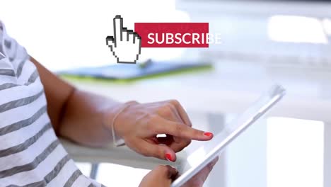 Animation-of-subscribe-and-hand-up-over-hands-of-happy-caucasian-woman-using-tablet