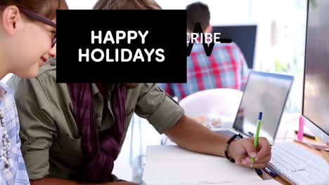 Animation-of-subscribe-and-happy-holidays-over-caucasian-male-and-female-coworkers-in-office