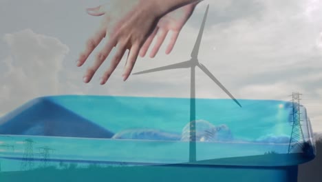 Animation-of-caucasian-woman-putting-plastic-bottles-into-box-and-wind-turbine