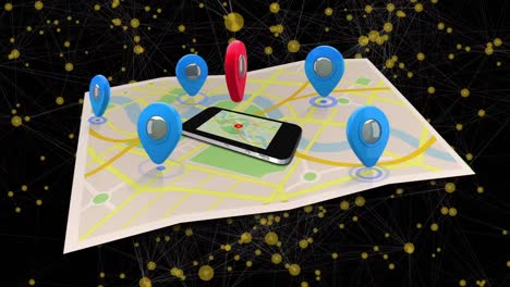 Animation-of-network-of-connections-with-map-and-smartphone-on-black-background