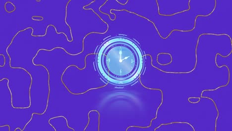 Animation-of-clock-moving-and-shapes-on-blue-background