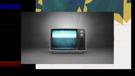 Animation-of-black-frame-with-colorful-shapes-and-glitch-over-grey-space-with-vintage-tv