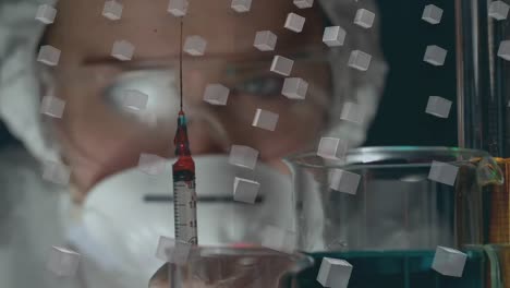 Animation-of-rows-of-white-cubes-over-female-caucasian-scientist-holding-syringe