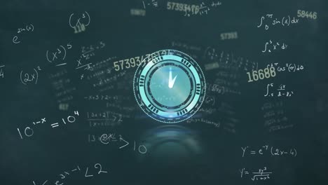 Animation-of-clock-moving-and-mathematical-equations-on-black-background