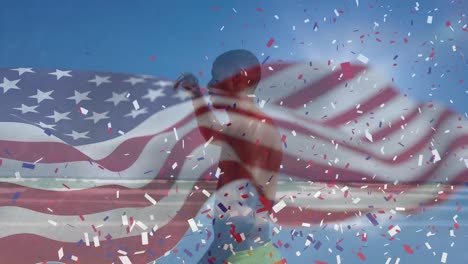 Animation-of-american-flag-and-confetti-over-african-american-man-at-beach
