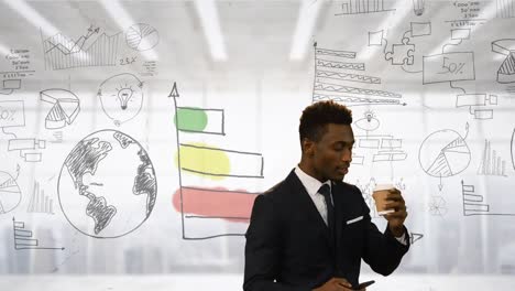 Animation-of-happy-african-american-businessman-drinking-coffee-over-board-with-diverse-graphs