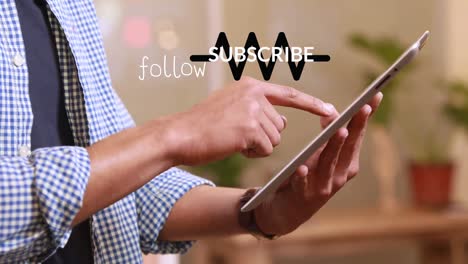 Animation-of-subscribe-and-follow-over-hands-of-caucasian-man-using-tablet
