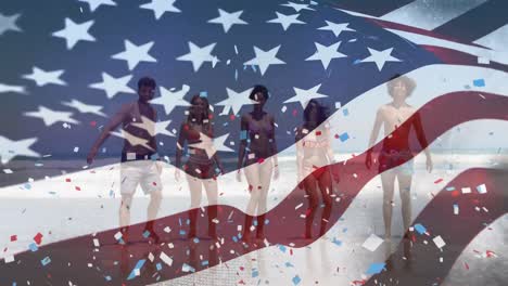 Animation-of-american-flag-and-confetti-over-diverse-friends-at-beach