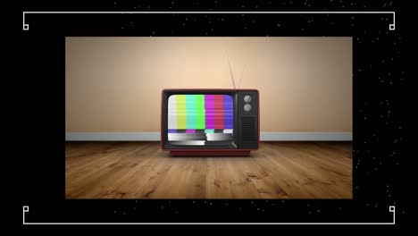 Animation-of-black-frame-with-lines-over-room-with-vintage-tv-standing-on-floor