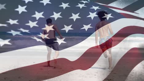 Animation-of-american-flag-over-diverse-male-friends-at-beach
