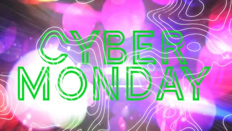 Animation-of-cyber-monday-text-and-shapes-with-spots-on-black-background