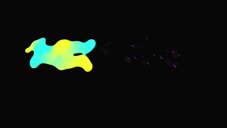 Animation-Von-Gelben-Und-Grünen-Flecken-Und-Violetten-Formen,-Die-über-Schwarzen-Hintergrund-Fallen