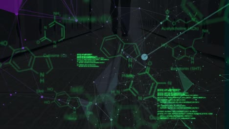 Animation-of-data-processing-and-chemical-formulas-in-green-and-black-space