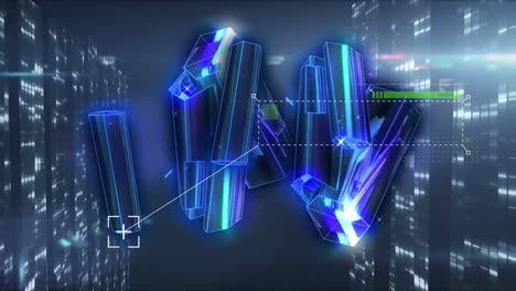 Animation-of-3d-glowing-blue-blocks-with-data-processing-over-computer-servers