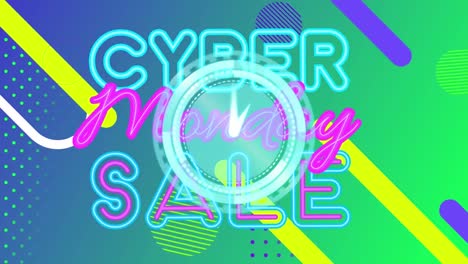 Animation-of-cyber-monday-sale-text-and-clock-moving-with-lines-on-green-background