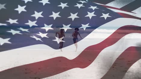 Animation-of-american-flag-over-diverse-couple-at-beach