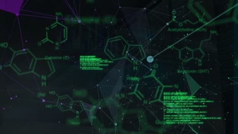 Animation-of-data-processing-and-chemical-formulas-in-green-and-black-space