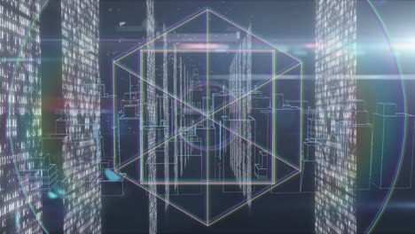 Animation-Geometrischer-Figuren-Und-3D-Stadtlandschaft-Mit-Datenverarbeitung-über-Leuchtende-Computerserver