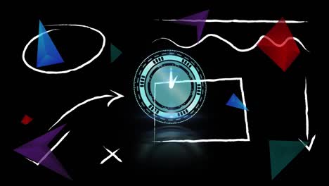 Animation-of-clock-moving-and-shapes-on-black-background